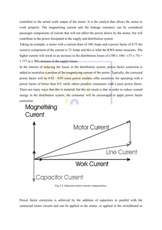 contribute to the actual work output of the motor. It is the catalyst that allows the motor to
work properly. The magnetizing current and the leakage reactance can be considered
passenger components of current that will not affect the power drawn by the motor, but will
contribute to the power dissipated in the supply and distribution system.
Taking an example, a motor with a current draw of 100 Amps and a power factor of 0.75 the
resistive component of the current is 75 Amps and this is what the KWh meter measures. The
higher current will result in an increase in the distribution losses of (100 x 100) / (75 x 75) =
1.777 or a 78% increase in the supply losses.
In the interest of reducing the losses in the distribution system, power factor correction is
added to neutralize a portion of the magnetizing current of the motor. Typically, the corrected
power factor will be 0.92 - 0.95 some power retailers offer incentives for operating with a
power factor of better than 0.9, while others penalize consumers with a poor power factor.
There are many ways that this is metered, but the net result is that in order to reduce wasted
energy in the distribution system, the consumer will be encouraged to apply power factor
correction.
Fig 2.3: Induction motor current compensation.
Power factor correction is achieved by the addition of capacitors in parallel with the
connected motor circuits and can be applied at the starter, or applied at the switchboard or
 