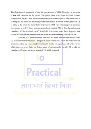The above figure is an example of time line representation of APFC. Here at t = 0, say motor
is ON and connected to the circuit. The power factor with motor in circuit without
compensation is 0.482. Now the microcontroller would send the signal to relay and actuate it
to bring into the circuit the minimum possible capacitance. As shown in the figure when C1
is added to the circuit the power factor improves to 0.872. Here reference power factor has
been chosen to be 0.95 hence more compensation is required. This is done by adding more
capacitance C2 in the circuit. As C2 is added it is seen that power factor improves way
beyond 0.95 to 0 .98 and hence we need not to add any more capacitance into the circuit.
Now at t = 45 seconds the user turns OFF the motor with the capacitance C1 and
C2 still connected in the circuit . The power factor worsens as a result the microcontroller
comes into action and sends signal to the relay R1 to take out capacitance C1 of the circuit,
which improves power factor but further action of microcontroller on relay R2 to take out
capacitance C2 brings our power factor to 0.990 which is desired.
 
