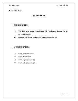 M.D COLLEGE BIG MAC INDEX 
44 | P a g e 
CHAPTER 12 
REFERNCES 
 BIBLIOGRAPHY: 
I. The Big Mac Index- Application Of Purchasing Power Parity- By Li Lian Ong. 
II. Foreign Exchange Market- By Rushbh Production. 
 WEBLIOGRAPHY: 
I. www.economist.com 
II. www.statista.com 
III. www.bigmacindex.org 
IV. www.nationmaster.com 
