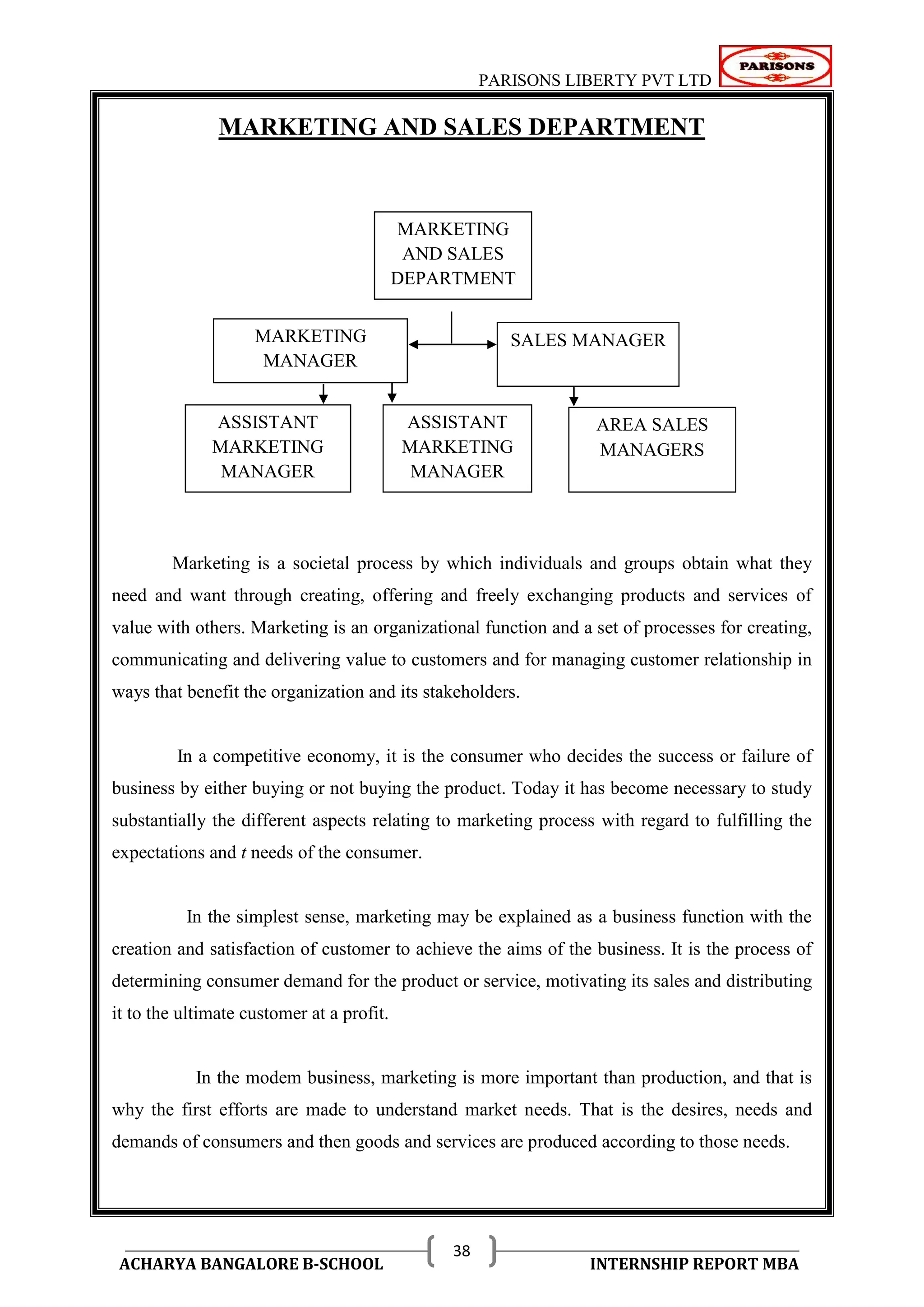 PARISONS LIBERTY PVT LTD 
ACHARYA BANGALORE B-SCHOOL INTERNSHIP REPORT MBA 
38 
MARKETING AND SALES DEPARTMENT 
Marketing is a societal process by which individuals and groups obtain what they 
need and want through creating, offering and freely exchanging products and services of 
value with others. Marketing is an organizational function and a set of processes for creating, 
communicating and delivering value to customers and for managing customer relationship in 
ways that benefit the organization and its stakeholders. 
In a competitive economy, it is the consumer who decides the success or failure of 
business by either buying or not buying the product. Today it has become necessary to study 
substantially the different aspects relating to marketing process with regard to fulfilling the 
expectations and t needs of the consumer. 
In the simplest sense, marketing may be explained as a business function with the 
creation and satisfaction of customer to achieve the aims of the business. It is the process of 
determining consumer demand for the product or service, motivating its sales and distributing 
it to the ultimate customer at a profit. 
In the modem business, marketing is more important than production, and that is 
why the first efforts are made to understand market needs. That is the desires, needs and 
demands of consumers and then goods and services are produced according to those needs. 
MARKETING 
AND SALES 
DEPARTMENT 
ASSISTANT 
MARKETING 
MANAGER 
MARKETING 
MANAGER 
ASSISTANT 
MARKETING 
MANAGER 
SALES MANAGER 
AREA SALES 
MANAGERS 
 