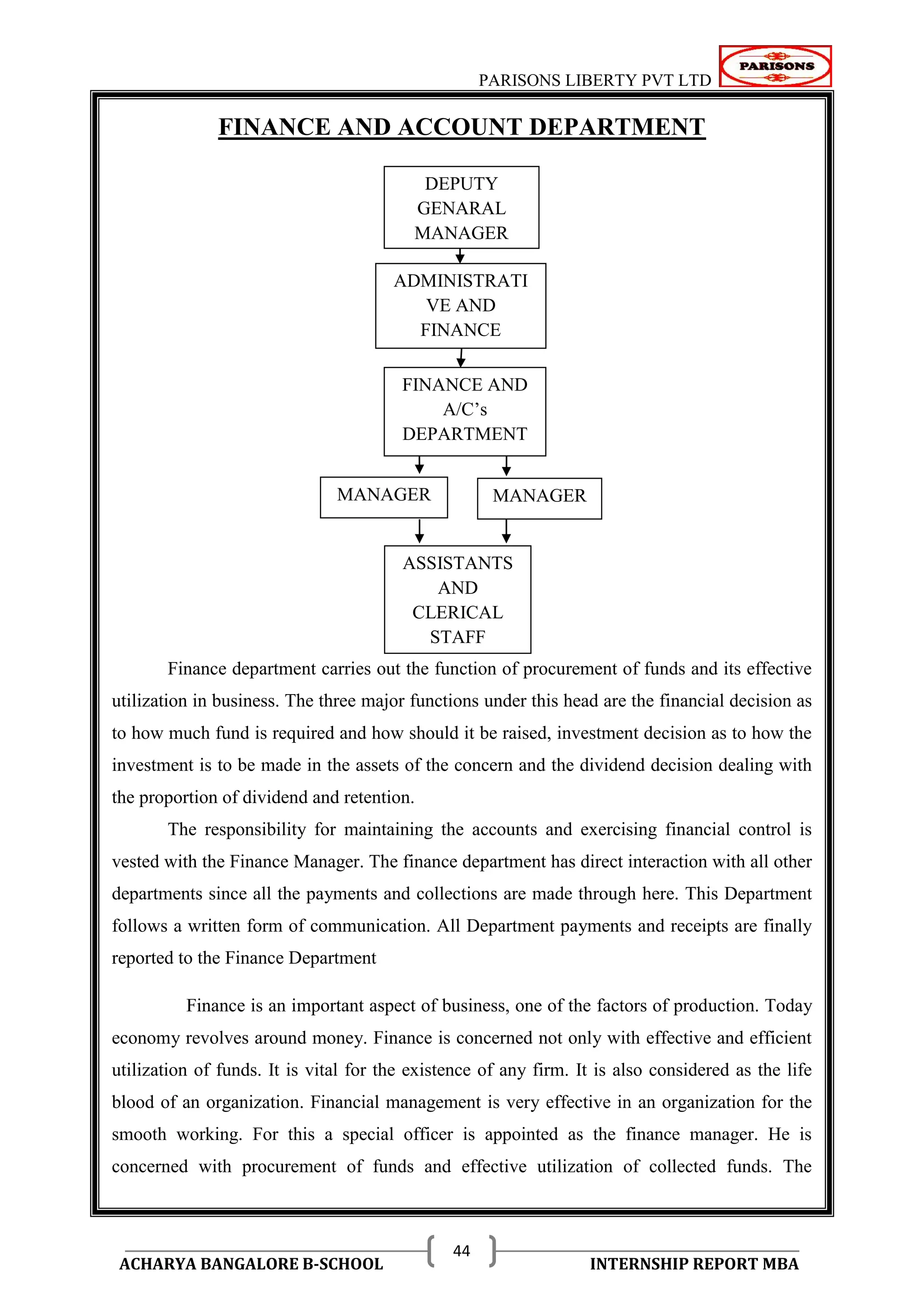 PARISONS LIBERTY PVT LTD 
ACHARYA BANGALORE B-SCHOOL INTERNSHIP REPORT MBA 
44 
FINANCE AND ACCOUNT DEPARTMENT 
Finance department carries out the function of procurement of funds and its effective 
utilization in business. The three major functions under this head are the financial decision as 
to how much fund is required and how should it be raised, investment decision as to how the 
investment is to be made in the assets of the concern and the dividend decision dealing with 
the proportion of dividend and retention. 
The responsibility for maintaining the accounts and exercising financial control is 
vested with the Finance Manager. The finance department has direct interaction with all other 
departments since all the payments and collections are made through here. This Department 
follows a written form of communication. All Department payments and receipts are finally 
reported to the Finance Department 
Finance is an important aspect of business, one of the factors of production. Today 
economy revolves around money. Finance is concerned not only with effective and efficient 
utilization of funds. It is vital for the existence of any firm. It is also considered as the life 
blood of an organization. Financial management is very effective in an organization for the 
smooth working. For this a special officer is appointed as the finance manager. He is 
concerned with procurement of funds and effective utilization of collected funds. The 
DEPUTY 
GENARAL 
MANAGER 
ADMINISTRATI 
VE AND 
FINANCE 
DEPARTMENT 
FINANCE AND 
A/C‘s 
DEPARTMENT 
MANAGER 
ASSISTANTS 
AND 
CLERICAL 
STAFF 
MANAGER 
 