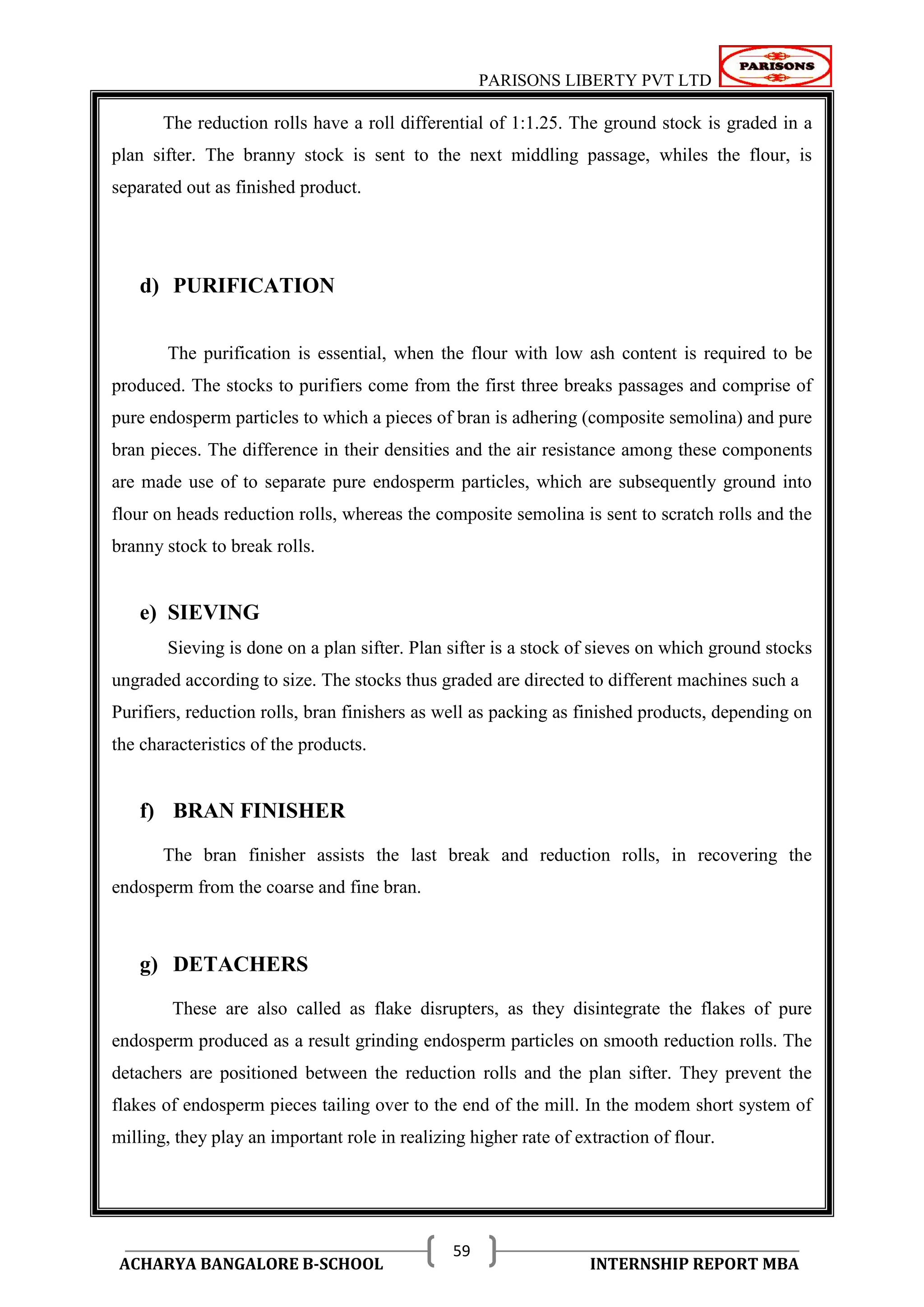 PARISONS LIBERTY PVT LTD 
ACHARYA BANGALORE B-SCHOOL INTERNSHIP REPORT MBA 
59 
The reduction rolls have a roll differential of 1:1.25. The ground stock is graded in a 
plan sifter. The branny stock is sent to the next middling passage, whiles the flour, is 
separated out as finished product. 
d) PURIFICATION 
The purification is essential, when the flour with low ash content is required to be 
produced. The stocks to purifiers come from the first three breaks passages and comprise of 
pure endosperm particles to which a pieces of bran is adhering (composite semolina) and pure 
bran pieces. The difference in their densities and the air resistance among these components 
are made use of to separate pure endosperm particles, which are subsequently ground into 
flour on heads reduction rolls, whereas the composite semolina is sent to scratch rolls and the 
branny stock to break rolls. 
e) SIEVING 
Sieving is done on a plan sifter. Plan sifter is a stock of sieves on which ground stocks 
ungraded according to size. The stocks thus graded are directed to different machines such a 
Purifiers, reduction rolls, bran finishers as well as packing as finished products, depending on 
the characteristics of the products. 
f) BRAN FINISHER 
The bran finisher assists the last break and reduction rolls, in recovering the 
endosperm from the coarse and fine bran. 
g) DETACHERS 
These are also called as flake disrupters, as they disintegrate the flakes of pure 
endosperm produced as a result grinding endosperm particles on smooth reduction rolls. The 
detachers are positioned between the reduction rolls and the plan sifter. They prevent the 
flakes of endosperm pieces tailing over to the end of the mill. In the modem short system of 
milling, they play an important role in realizing higher rate of extraction of flour. 
 