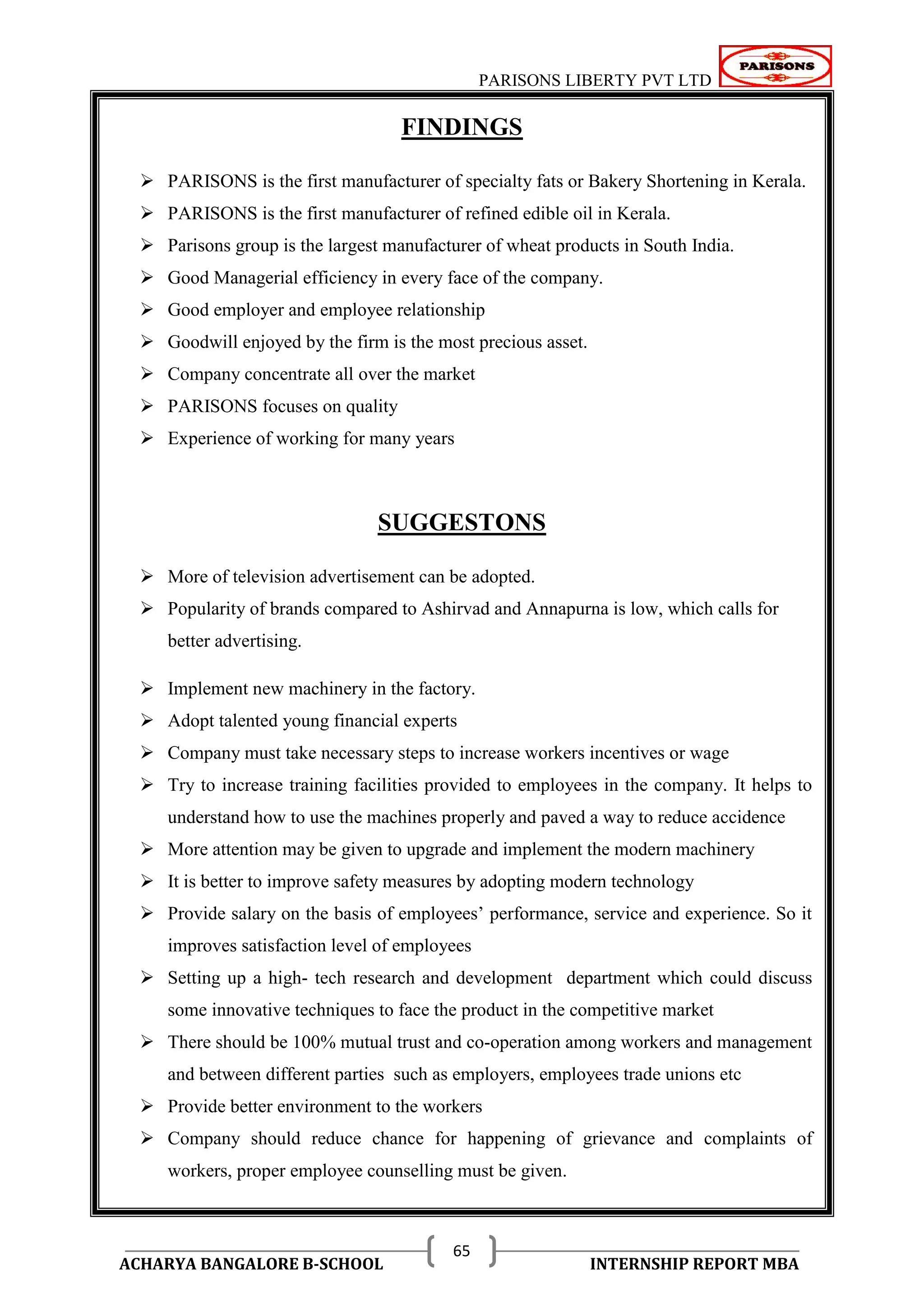 PARISONS LIBERTY PVT LTD 
ACHARYA BANGALORE B-SCHOOL INTERNSHIP REPORT MBA 
65 
FINDINGS 
 PARISONS is the first manufacturer of specialty fats or Bakery Shortening in Kerala. 
 PARISONS is the first manufacturer of refined edible oil in Kerala. 
 Parisons group is the largest manufacturer of wheat products in South India. 
 Good Managerial efficiency in every face of the company. 
 Good employer and employee relationship 
 Goodwill enjoyed by the firm is the most precious asset. 
 Company concentrate all over the market 
 PARISONS focuses on quality 
 Experience of working for many years 
SUGGESTONS 
 More of television advertisement can be adopted. 
 Popularity of brands compared to Ashirvad and Annapurna is low, which calls for 
better advertising. 
 Implement new machinery in the factory. 
 Adopt talented young financial experts 
 Company must take necessary steps to increase workers incentives or wage 
 Try to increase training facilities provided to employees in the company. It helps to 
understand how to use the machines properly and paved a way to reduce accidence 
 More attention may be given to upgrade and implement the modern machinery 
 It is better to improve safety measures by adopting modern technology 
 Provide salary on the basis of employees‘ performance, service and experience. So it 
improves satisfaction level of employees 
 Setting up a high- tech research and development department which could discuss 
some innovative techniques to face the product in the competitive market 
 There should be 100% mutual trust and co-operation among workers and management 
and between different parties such as employers, employees trade unions etc 
 Provide better environment to the workers 
 Company should reduce chance for happening of grievance and complaints of 
workers, proper employee counselling must be given. 
 