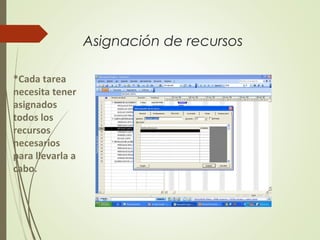 Asignación de recursos
*Cada tarea
necesita tener
asignados
todos los
recursos
necesarios
para llevarla a
cabo.