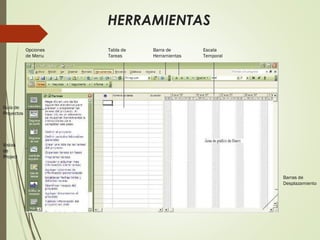 HERRAMIENTAS
Barras de
Desplazamiento
Opciones
de Menu
Guía de
Proyectos
Vistas
de
Project
Tabla de
Tareas
Barra de
Herramientas
Escala
Temporal