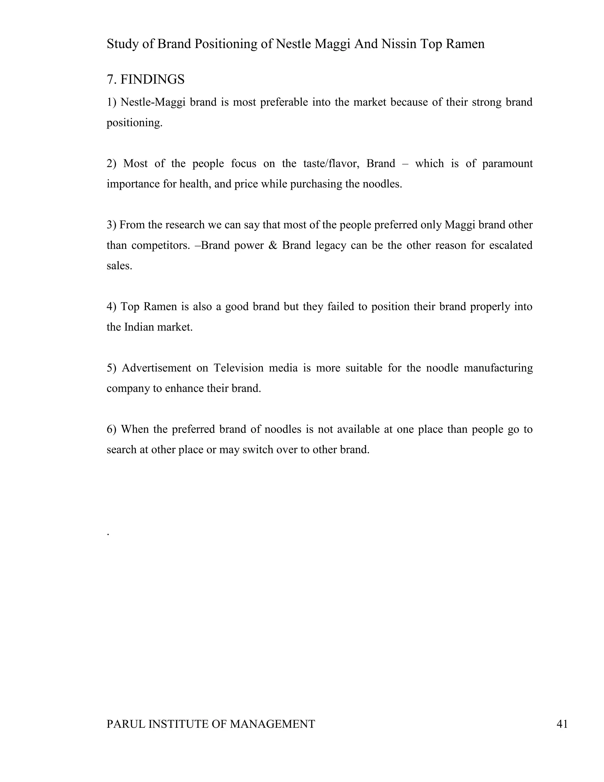 Study of Brand Positioning of Nestle Maggi And Nissin Top Ramen
PARUL INSTITUTE OF MANAGEMENT 41
7. FINDINGS
1) Nestle-Maggi brand is most preferable into the market because of their strong brand
positioning.
2) Most of the people focus on the taste/flavor, Brand – which is of paramount
importance for health, and price while purchasing the noodles.
3) From the research we can say that most of the people preferred only Maggi brand other
than competitors. –Brand power & Brand legacy can be the other reason for escalated
sales.
4) Top Ramen is also a good brand but they failed to position their brand properly into
the Indian market.
5) Advertisement on Television media is more suitable for the noodle manufacturing
company to enhance their brand.
6) When the preferred brand of noodles is not available at one place than people go to
search at other place or may switch over to other brand.
.
 