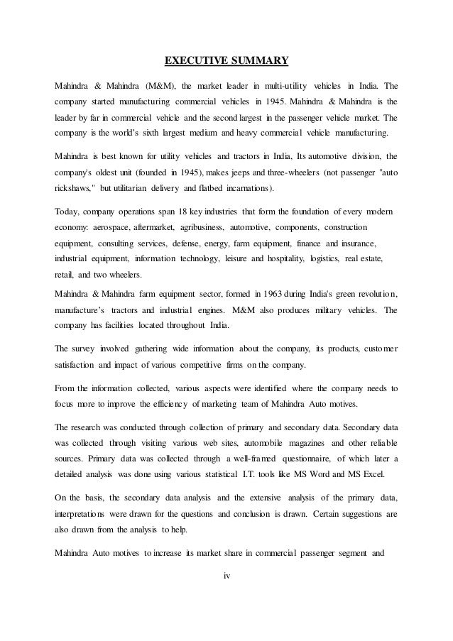 study on customer satisfaction with special reference to mahindra m executive summary research paper