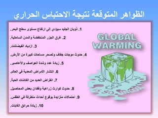‫الحراري‬ ‫االحتباس‬ ‫نتيجة‬ ‫المتوقعة‬ ‫الظواهر‬
1.‫البحر‬ ‫سطح‬ ‫مستوى‬ ‫ارتفاع‬ ‫إلى‬ ‫سيؤدي‬ ‫الجليد‬ ‫ذوبان‬.
2.‫الساحلية‬ ‫والمدن‬ ‫المنخفضة‬ ‫الجزر‬ ‫غرق‬.
3.‫الفيضانات‬ ‫ازدياد‬.
4.‫األرض‬ ‫من‬ ‫كبيرة‬ ‫مساحات‬ ‫وتصحر‬ ‫جفاف‬ ‫موجات‬ ‫حدوث‬.
5.‫واألعاصير‬ ‫العواصف‬ ‫وشدة‬ ‫عدد‬ ‫زيادة‬.
6.‫العالم‬ ‫في‬ ‫المعدية‬ ‫األمراض‬ ‫انتشار‬.
7.‫الحية‬ ‫الكائنات‬ ‫من‬ ‫العديد‬ ‫انقراض‬.
8.‫المحاصيل‬ ‫بعض‬ ‫وفقدان‬ ‫زراعية‬ ‫كوارث‬ ‫حدوث‬.
9.‫الطقس‬ ‫في‬ ‫متطرفة‬ ‫أحداث‬ ‫بوقوع‬ ‫متزايدة‬ ‫احتماالت‬.
10.‫الغابات‬ ‫حرائق‬ ‫زيادة‬.
 