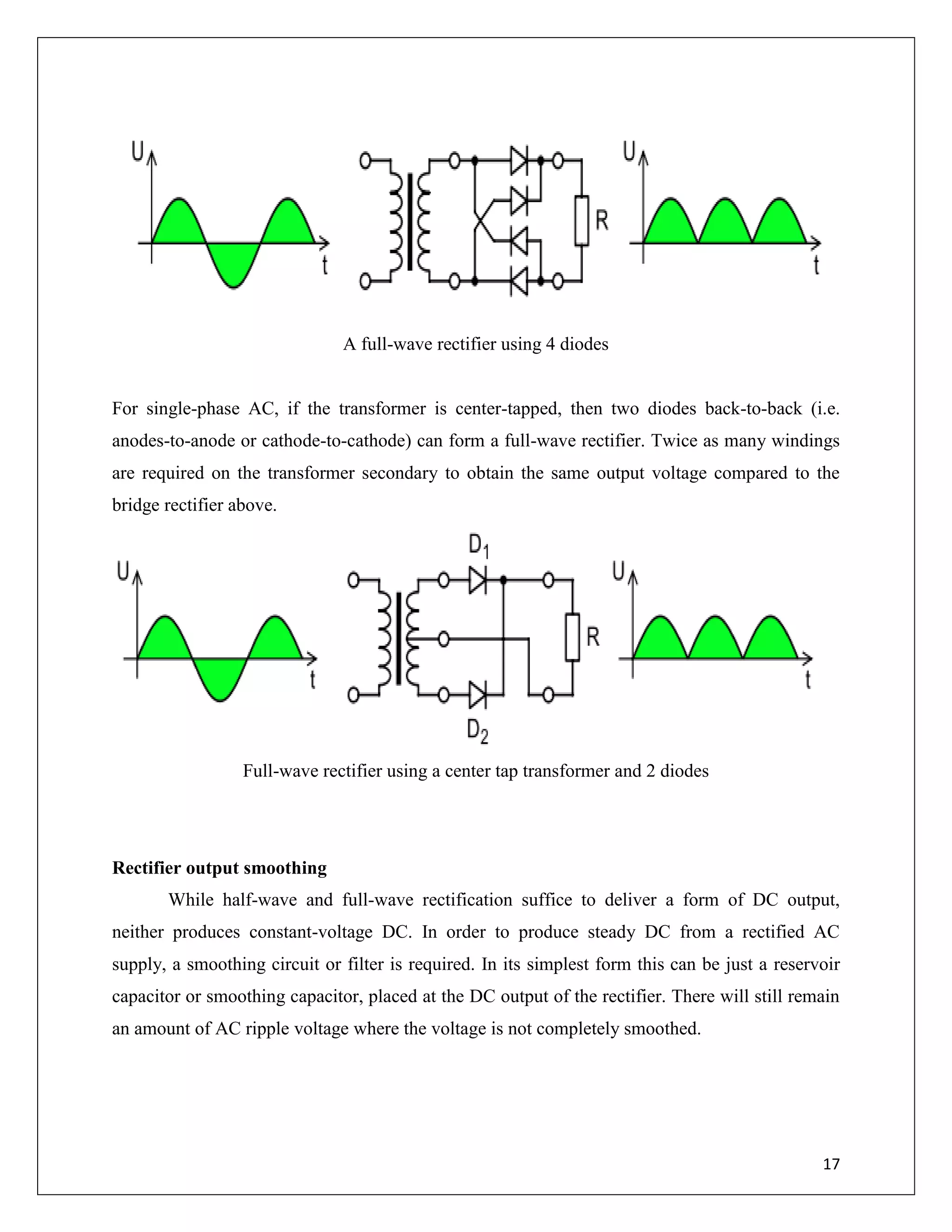 17
A full-wave rectifier using 4 diodes
For single-phase AC, if the transformer is center-tapped, then two diodes back-to-back (i.e.
anodes-to-anode or cathode-to-cathode) can form a full-wave rectifier. Twice as many windings
are required on the transformer secondary to obtain the same output voltage compared to the
bridge rectifier above.
Full-wave rectifier using a center tap transformer and 2 diodes
Rectifier output smoothing
While half-wave and full-wave rectification suffice to deliver a form of DC output,
neither produces constant-voltage DC. In order to produce steady DC from a rectified AC
supply, a smoothing circuit or filter is required. In its simplest form this can be just a reservoir
capacitor or smoothing capacitor, placed at the DC output of the rectifier. There will still remain
an amount of AC ripple voltage where the voltage is not completely smoothed.
 