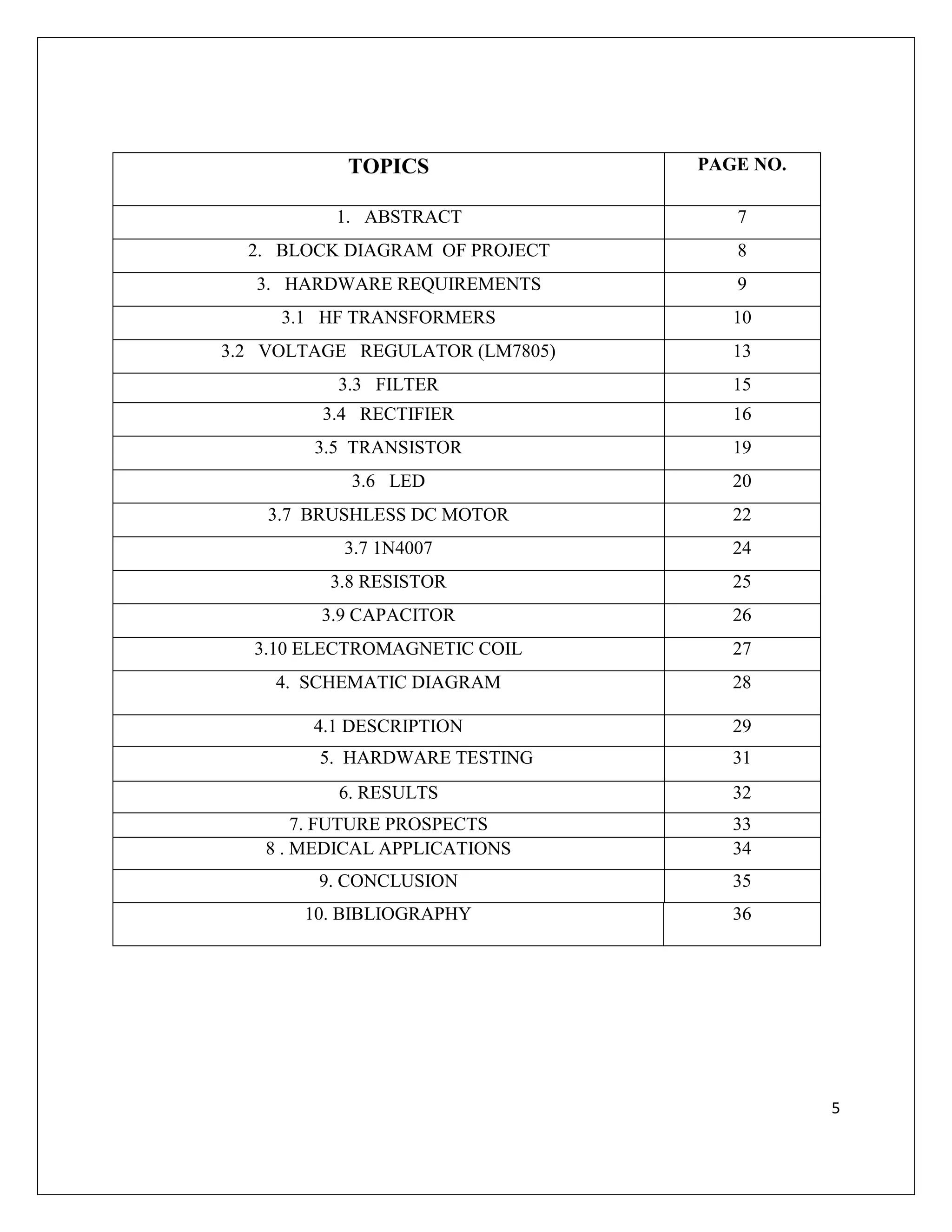 5
TOPICS PAGE NO.
1. ABSTRACT 7
2. BLOCK DIAGRAM OF PROJECT 8
3. HARDWARE REQUIREMENTS 9
3.1 HF TRANSFORMERS 10
3.2 VOLTAGE REGULATOR (LM7805) 13
3.3 FILTER 15
3.4 RECTIFIER 16
3.5 TRANSISTOR 19
3.6 LED 20
3.7 BRUSHLESS DC MOTOR 22
3.7 1N4007 24
3.8 RESISTOR 25
3.9 CAPACITOR 26
3.10 ELECTROMAGNETIC COIL 27
4. SCHEMATIC DIAGRAM 28
4.1 DESCRIPTION 29
5. HARDWARE TESTING 31
6. RESULTS 32
7. FUTURE PROSPECTS 33
8 . MEDICAL APPLICATIONS 34
9. CONCLUSION 35
10. BIBLIOGRAPHY 36
 