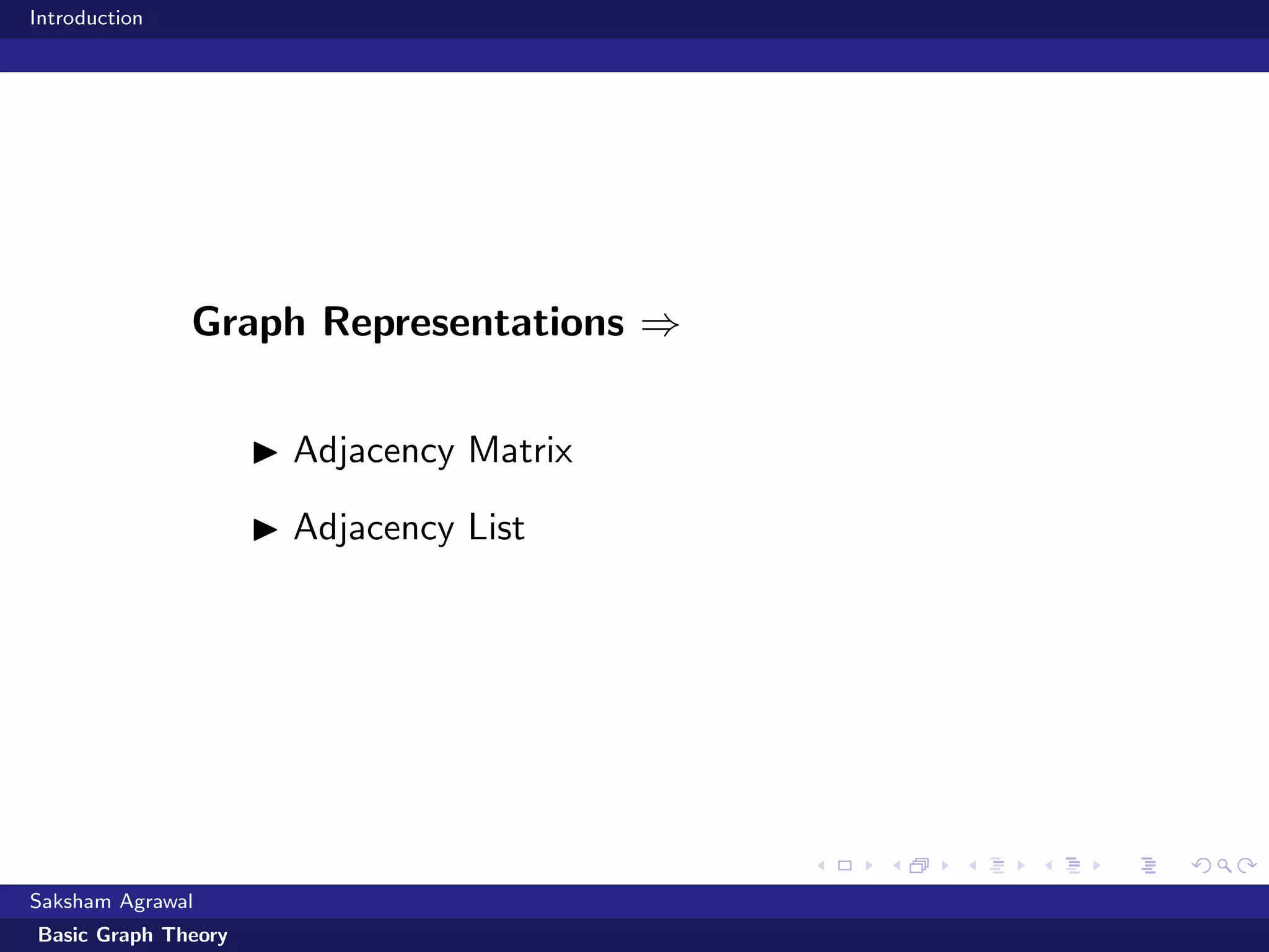 Introduction
Graph Representations ⇒
Adjacency Matrix
Adjacency List
Saksham Agrawal
Basic Graph Theory
 