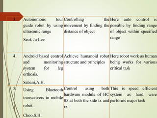 3. Autonomous tour
guide robot by using
ultrasonic range
Seok Ju Lee
Controlling the
movement by finding the
distance of object
Here auto control is
possible by finding range
of object within specified
range
4. Android based control
and monitoring
system for leg
orthosis.
Sabani,A.H.
Achieve humanoid robot
structure and principles
Here robot work as human
being works for various
critical task
5. Using Bluetooth
transceivers in mobile
robot .
Choo,S.H.
Control using both
hardware module of HC
05 at both the side tx and
rx
This is speed efficient
system as hard ware
performs major task
 