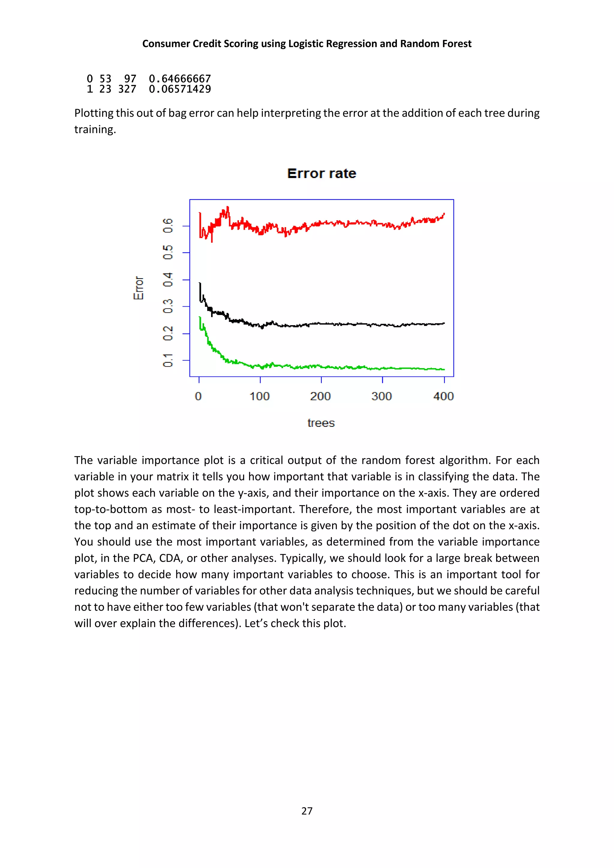 Consumer Credit Scoring using Logistic Regression and Random Forest
27
0 53 97 0.64666667
1 23 327 0.06571429
Plotting this out of bag error can help interpreting the error at the addition of each tree during
training.
The variable importance plot is a critical output of the random forest algorithm. For each
variable in your matrix it tells you how important that variable is in classifying the data. The
plot shows each variable on the y-axis, and their importance on the x-axis. They are ordered
top-to-bottom as most- to least-important. Therefore, the most important variables are at
the top and an estimate of their importance is given by the position of the dot on the x-axis.
You should use the most important variables, as determined from the variable importance
plot, in the PCA, CDA, or other analyses. Typically, we should look for a large break between
variables to decide how many important variables to choose. This is an important tool for
reducing the number of variables for other data analysis techniques, but we should be careful
not to have either too few variables (that won't separate the data) or too many variables (that
will over explain the differences). Let’s check this plot.
 