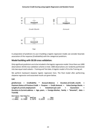 Consumer Credit Scoring using Logistic Regression and Random Forest
23
In preparation of predictors to use in building a logistic regression model, we consider bivariate
association of the response (Creditability) with the categorical predictors.
Model building with 50:50 cross validation:
Only significant predictors are to be included in the logistic regression model. Since there are 1000
observations 50:50 cross-validation scheme is tried. 1000 observations are randomly partitioned
into two equal sized subsets – Training and Test data. A logistic model is fit to the Training set.
We perform backward stepwise logistic regression here. The final model after performing
stepwise regression and associated results are given below.
Call:
glm(formula = Creditability ~ Account.Balance + Duration.of.Credit..month. +
Payment.Status.of.Previous.Credit + Purpose + Credit.Amount + Value.Savings.Stocks +
Length.of.current.employment + Instalment.per.cent + Guarantors +
Duration.in.Current.address + Age..years. + Foreign.Worker, family = "binomial", data =
Train50)
Deviance Residuals:
Min 1Q Median 3Q Max
-2.8881 -0.5960 0.3079 0.6393 2.5293
 