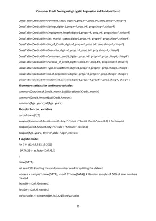 Consumer Credit Scoring using Logistic Regression and Random Forest
35
CrossTable(Creditability,Payment.status, digits=1,prop.r=F, prop.t=F, prop.chisq=F, chisq=F)
CrossTable(Creditability,Savings,digits=1,prop.r=F,prop.t=F, prop.chisq=F, chisq=F)
CrossTable(Creditability,Employment.length,digits=1,prop.r=F, prop.t=F, prop.chisq=F, chisq=F)
CrossTable(Creditability,Sex_marital_status,digits=1,prop.r=F, prop.t=F, prop.chisq=F, chisq=F)
CrossTable(Creditability,No_of_Credits,digits=1,prop.r=F, prop.t=F, prop.chisq=F, chisq=F)
CrossTable(Creditability,Guarantor,digits=1,prop.r=F, prop.t=F, prop.chisq=F, chisq=F)
CrossTable(Creditability,Concurrent_credit,digits=1,prop.r=F, prop.t=F, prop.chisq=F, chisq=F)
CrossTable(Creditability,Purpose_of_credit,digits=1,prop.r=F,prop.t=F, prop.chisq=F, chisq=F)
CrossTable(Creditability,Type.of.apartment,digits=1,prop.r=F,prop.t=F, prop.chisq=F, chisq=F)
CrossTable(Creditability,No.of.dependents,digits=1,prop.r=F,prop.t=F, prop.chisq=F, chisq=F)
CrossTable(Creditability,Instalment.per.cent,digits=1,prop.r=F,prop.t=F, prop.chisq=F, chisq=F)
#Summary statistics for continuous variables
summary(Duration.of.Credit..month.);sd(Duration.of.Credit..month.)
summary(Credit.Amount);sd(Credit.Amount)
summary(Age..years.);sd(Age..years.)
#boxplot for cont. variables
par(mfrow=c(2,2))
boxplot(Duration.of.Credit..month., bty="n",xlab = "Credit Month", cex=0.4) # For boxplot
boxplot(Credit.Amount, bty="n",xlab = "Amount", cex=0.4)
boxplot(Age..years., bty="n",xlab = "Age", cex=0.4)
# Logistic model
for (i in c(2,4:5,7:13,15:20)){
DATA[,i] <- as.factor(DATA[,i])
}
nrow(DATA)
set.seed(50) # setting the random number seed for splitting the dataset
indexes = sample(1:nrow(DATA), size=0.5*nrow(DATA)) # Random sample of 50% of row numbers
created
Train50 <- DATA[indexes,]
Test50 <- DATA[-indexes,]
indVariables <- colnames(DATA[,2:21]);indVariables
 
