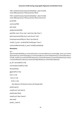 Consumer Credit Scoring using Logistic Regression and Random Forest
37
rf50<-randomForest(as.factor(Creditability)~.,data=Train50,
ntree=400,importance=TRUE,proximity=TRUE)
rf50<-randomForest(as.factor(Creditability)~.,data=Train50,
ntree=400,importance=TRUE,proximity=TRUE,control=ctrl)
print(rf50)
summary(rf50)
plot.new()
plot(proximity(rf50))
plot(rf50, main="Error rate", lwd=2,lty=7,fg="blue",)
plot( importance(rf50), lty=2, pch=16,col="red")
lines(importance(rf50),col="blue",lty=6,lwd=2)
Test50_rf_pred <- predict(rf50,Test50,type="class")
confusionMatrix(Test50_rf_pred, Test50$Creditability)
#limitations
DT<-
data.frame(Creditability,as.numeric(Duration.in.Current.address),as.numeric(Age..years.),as.numeric
(Guarantors),as.numeric(Savings),as.numeric(Length.of.current.employment),as.numeric(Duration.o
f.Credit..month.),as.numeric(Credit.Amount),as.numeric(Purpose),as.numeric(Instalment.per.cent),a
s.numeric(Payment.status),as.numeric(Foreign.Worker),as.numeric(Acc.Balance))
pc_DT<-prcomp(DT[,2:13])
summary(prcomp(DT[,2:13]))
library(GGally)
ggpairs(DT[,2:13],)
for(i in 1:3){
for( j in 1:3){
for(k in 1:3){
(Acc.Balance=i & Payment.status=j & Savings=k)}}}
plot(f1,lwd=3)
lines(f2,col="red",lwd=2)
plot(f2,add=TRUE)
lines(f1,col="blue",lwd=2)
plot.new()
plot(f1_1,lwd=5)
 