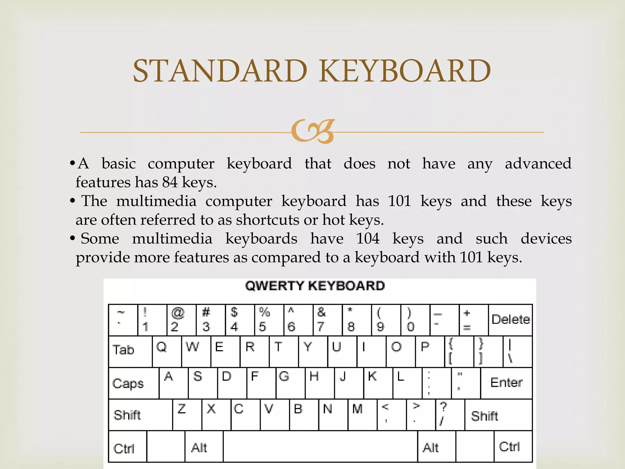 
STANDARD KEYBOARD
•A basic computer keyboard that does not have any advanced
features has 84 keys.
• The multimedia computer keyboard has 101 keys and these keys
are often referred to as shortcuts or hot keys.
• Some multimedia keyboards have 104 keys and such devices
provide more features as compared to a keyboard with 101 keys.
 