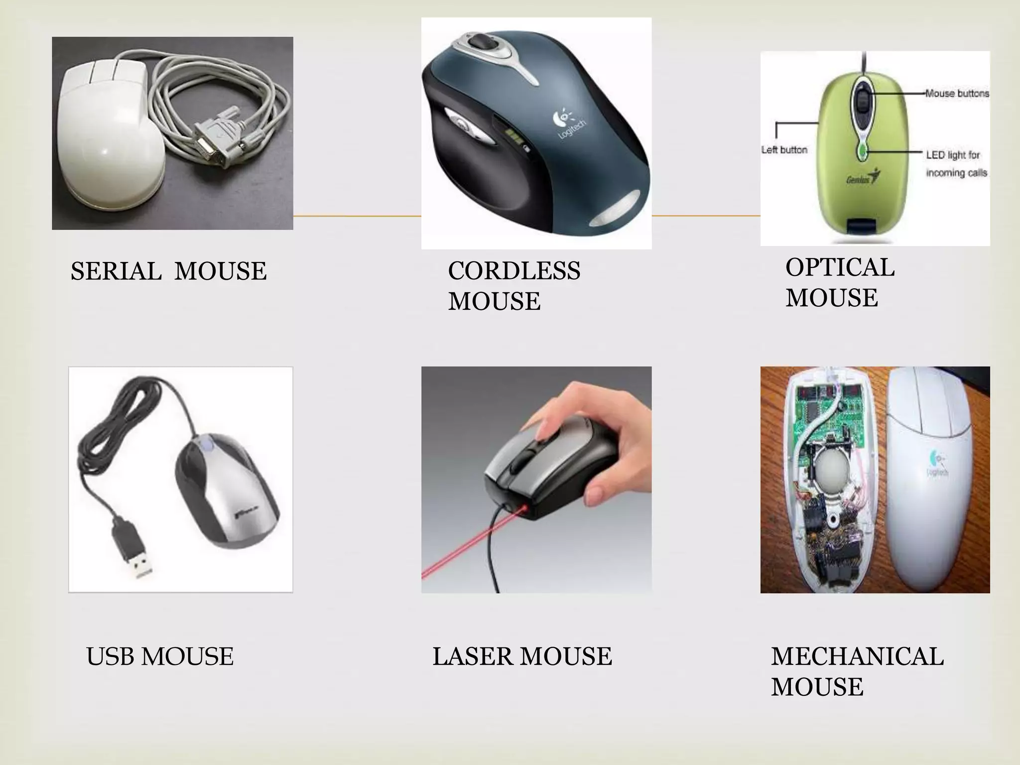
SERIAL MOUSE
USB MOUSE
CORDLESS
MOUSE
LASER MOUSE
OPTICAL
MOUSE
MECHANICAL
MOUSE
 