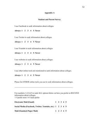 52
Appendix A
Student and Parent Survey
I use Facebook to seek information about colleges.
Always 1 2 3 4 5 Never
I use Tw...