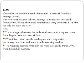FSMs
The sender site should not send a frame until its network layer has a
message to send.
The receiver site cannot deliver a message to its network layer until a
frame arrives.We can show these requirements using two FSMs. Each FSM
has only one state, the ready
state.
The sending machine remains in the ready state until a request comes
from the process in the network layer.
When this event occurs, the sending machine encapsulates
the message in a frame and sends it to the receiving machine.
The receiving machine remains in the ready state until a frame arrives
from the sending machine.
 