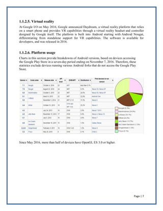 Page | 7
1.1.2.5. Virtual reality
At Google I/O on May 2016, Google announced Daydream, a virtual reality platform that relies
on a smart phone and provides VR capabilities through a virtual reality headset and controller
designed by Google itself. The platform is built into Android starting with Android Nougat,
differentiating from standalone support for VR capabilities. The software is available for
developers, and was released in 2016.
1.1.2.6. Platform usage
Charts in this section provide breakdowns of Android versions, based on devices accessing
the Google Play Store in a seven-day period ending on November 7, 2016. Therefore, these
statistics exclude devices running various Android forks that do not access the Google Play
Store.
Since May 2016, more than half of devices have OpenGL ES 3.0 or higher.
 