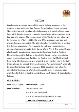 4 | P a g e
HISTORY
Kanchrapara workshop is one of the oldest Railway workshop in the
country. It was set by the then Eastern Bengal railway during the year
1863 at the present Loco Complex in kancrapara. It was developed as an
integrated shop to carry out repairs to steam Locomotives, wooden body
Carriage and wagons. The management of the Workshop was taken over
by the state on 1st
July, 1884.In the year 1914 a separate carriage and
wagon shop was completed. The Workshop has the distinction of serving
the Defence department for repairs to Air craft and manufacture of
armoured cars and grenade shells during World War II. The second 5-years
plan brought about drastic changes with Diesel and Electric Traction.
Electrification on the Railway system in the Eastern region necessitated
major repair and overhaul facilities for Electric Loco, EMU Rolling Stock
from early 60’s.Kanchrapara was selected to play the key role in the both
these spheres. As a result, there underwent a “Metamorphosis” unparallel
by any other Railway in the country.In 1962 a decision was taken for
remodeling Kanchrapara Workshop in orderTo make it a make a base
workshop for P.O.H of Electric Loco & E.M.U stock Eastern & South Eastern
Railway.
Vital Statistics:
Ares: 4,12,773 Sq.M. Staff Strength: 12,249
MainActivities : 1.POH of Electric Loco
2. POH of EMU rolling Stock
3. POH of Conv. Coaches (Non AC).MOG rakes
CLASSIFICATION OF LOCO SHOP
 