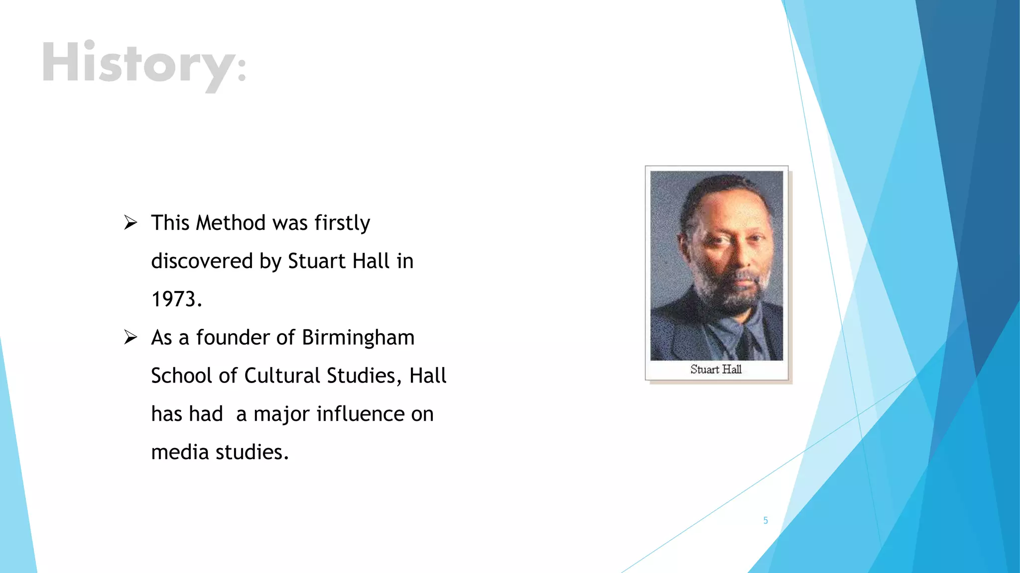 5
History:
 This Method was firstly
discovered by Stuart Hall in
1973.
 As a founder of Birmingham
School of Cultural Studies, Hall
has had a major influence on
media studies.
 