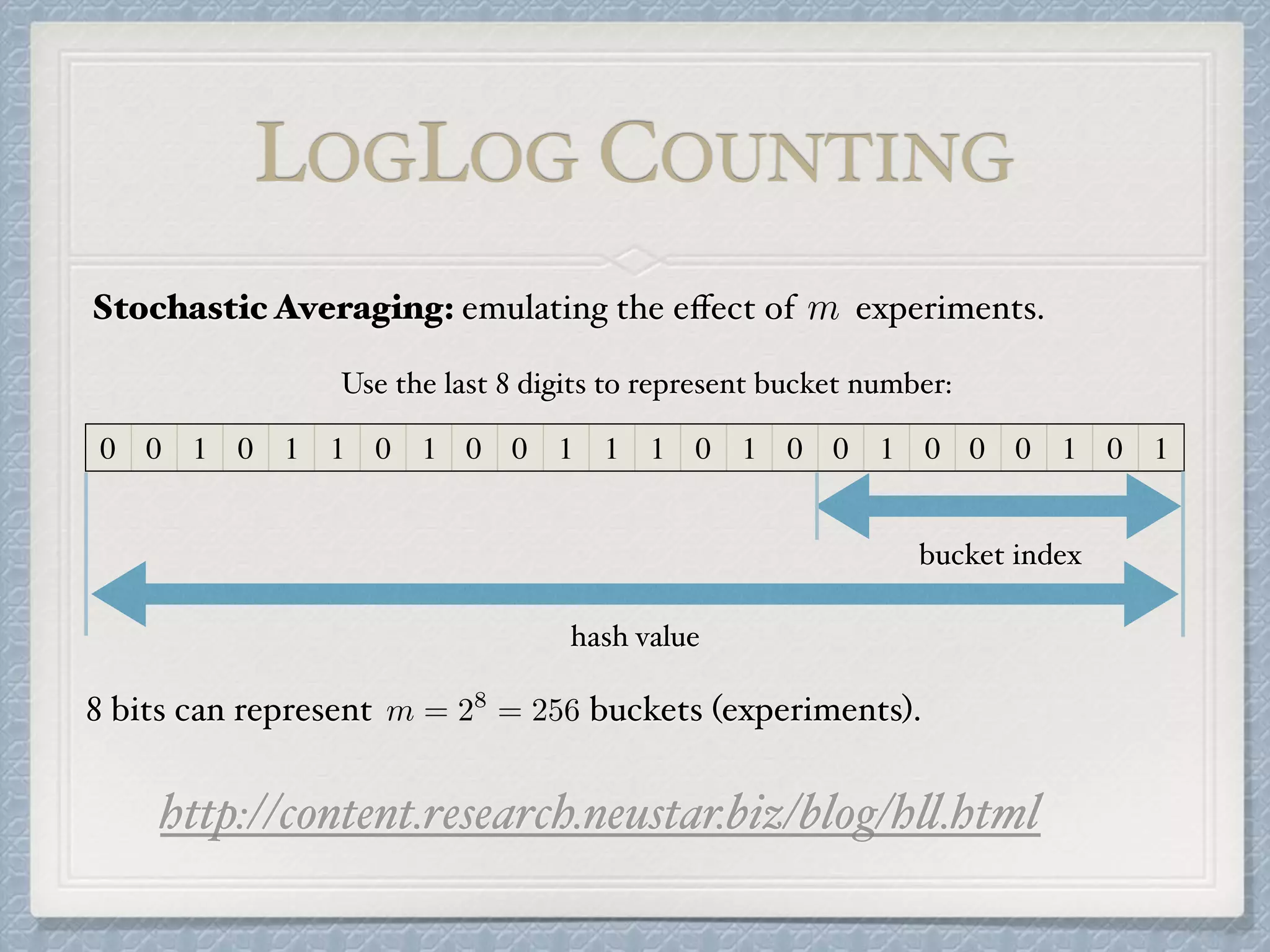 LOGLOG COUNTING
0 0 1 0 1 1 0 1 0 0 1 1 1 0 1 0 0 1 0 0 0 1 0 1
m
hash value
bucket index
Stochastic Averaging: emulating the eﬀect of experiments.
Use the last 8 digits to represent bucket number:
8 bits can represent buckets (experiments).m = 28
= 256
http://content.research.neustar.biz/blog/hll.html
 