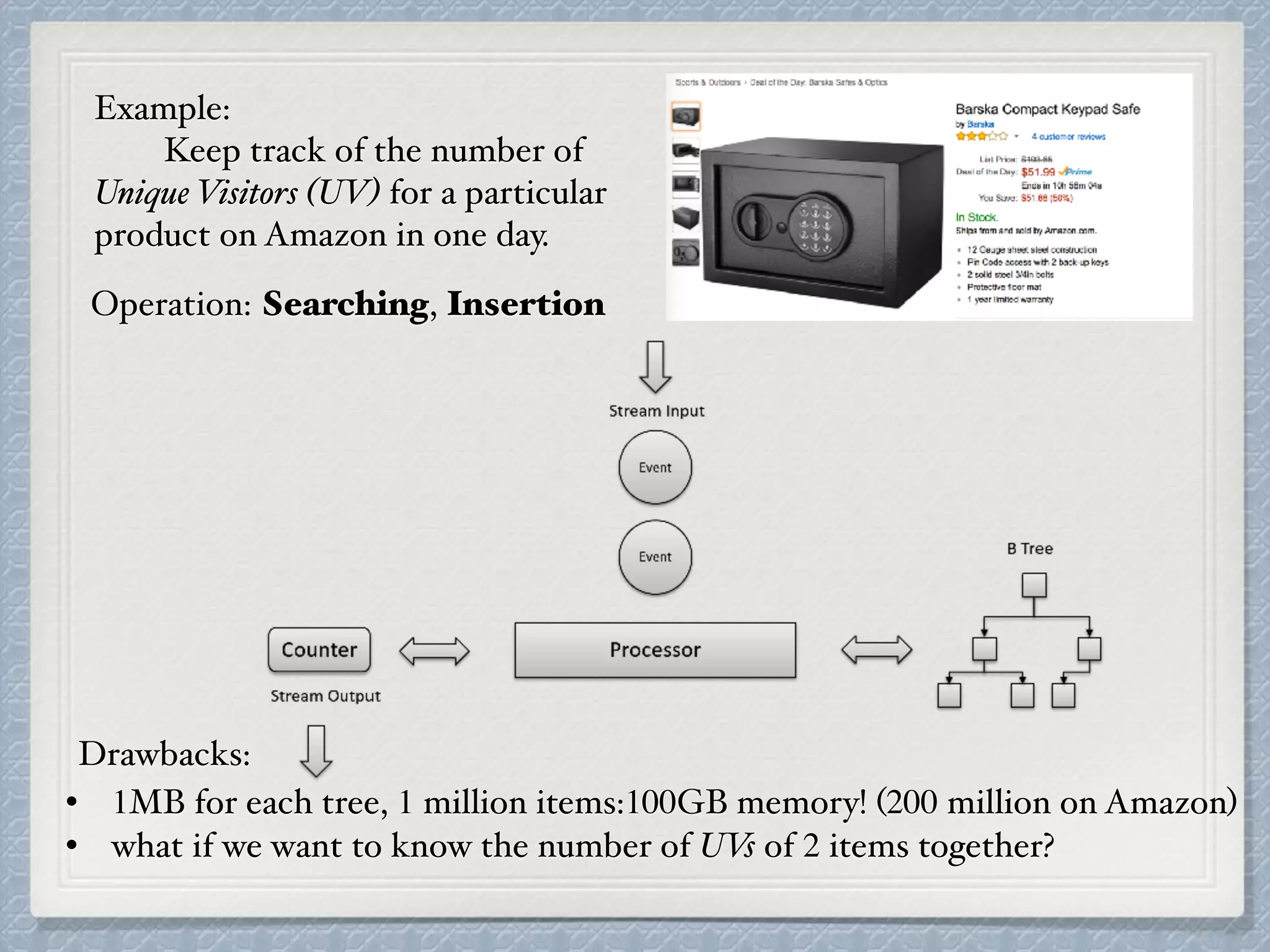 Example:
Keep track of the number of
Unique Visitors (UV) for a particular
product on Amazon in one day.
• 1MB for each tree, 1 million items:100GB memory! (200 million on Amazon)
• what if we want to know the number of UVs of 2 items together?
Drawbacks:
Operation: Searching, Insertion
 