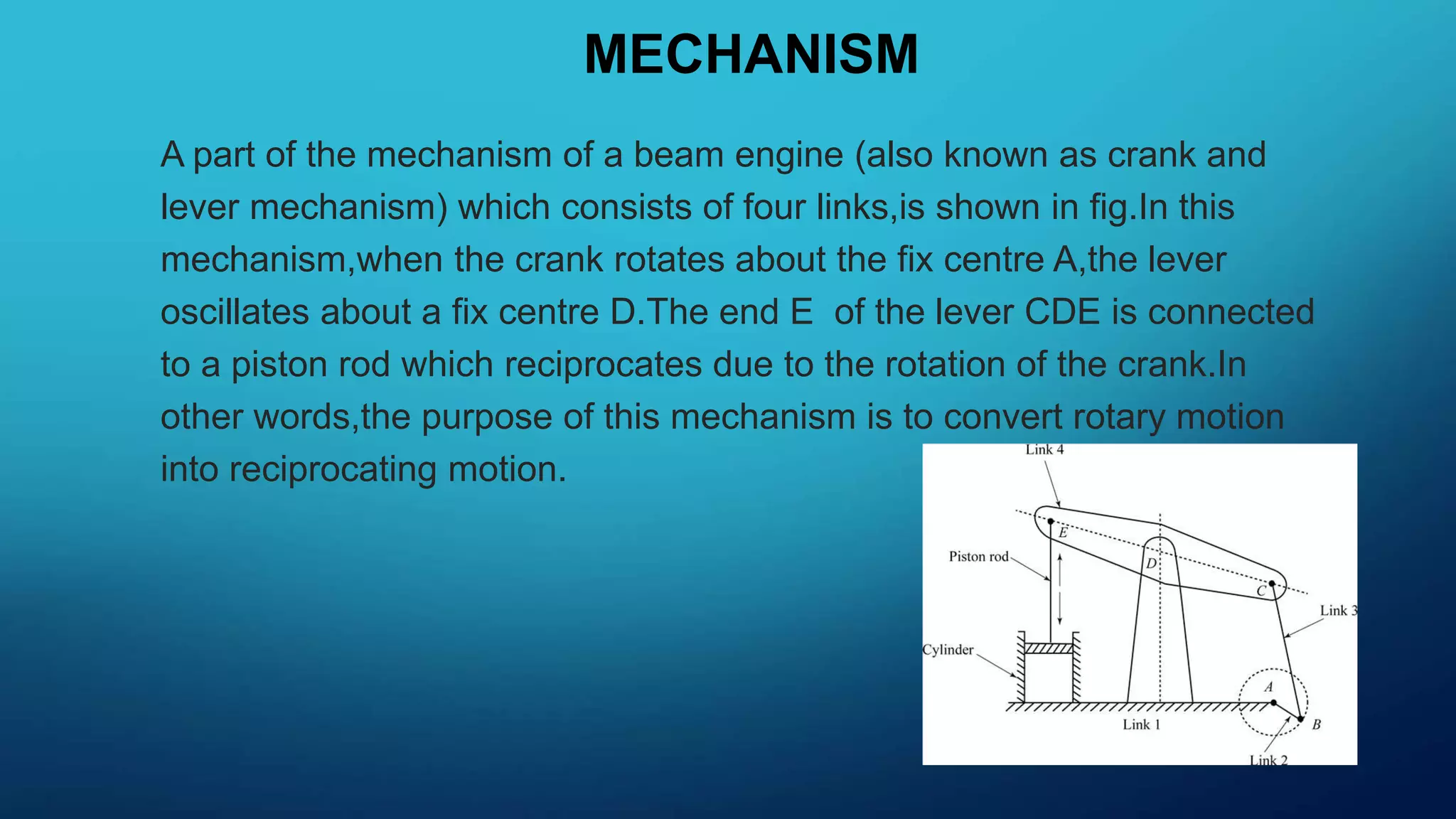 MECHANISM
A part of the mechanism of a beam engine (also known as crank and
lever mechanism) which consists of four links,is shown in fig.In this
mechanism,when the crank rotates about the fix centre A,the lever
oscillates about a fix centre D.The end E of the lever CDE is connected
to a piston rod which reciprocates due to the rotation of the crank.In
other words,the purpose of this mechanism is to convert rotary motion
into reciprocating motion.
 
