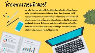 โครงงานคอมพิวเตอร์
หมายถึง กิจกรรมการเรียนที่นักเรียนมีอิสระในการเลือกศึกษาปัญหาที่ตนเอง
สนใจ โดยจะต้องวางแผนการดาเนินงาน ศึกษา พัฒนาโปรแกรม โดยใช้
ความรู้ทางกระบวนการวิศวกรรมซอฟต์แวร์ เครื่องคอมพิวเตอร์และอุปกรณ์ที่
เกี่ยวข้อง ตลอดจนทักษะพื้นฐานในการพัฒนาโครงงาน เรื่องที่นักเรียนสนใจ
และคิดจะทาโครงงาน นักเรียนสามารถทาโครงงานเรื่องดังกล่าวได้ แต่ต้อง
คิดดัดแปลงแนวทางในการศึกษา การวิเคราะห์ข้อมูล การพัฒนาโปรแกรม
หรือศึกษาเพิ่มเติมจากผลงานเดิมที่มีผู้รายงานไว้
 