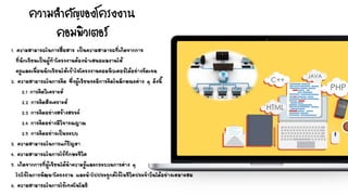 ความสาคัญของโครงงาน
คอมพิวเตอร์
1. ความสามารถในการสื่อสาร เป็นความสามารถที่เกิดจากการ
ที่นักเรียนเป็นผู้ทาโครงงานต้องนาเสนอผลงานให้
ครูและเพื่อนนักเรียนให้เข้าใจโครงงานคอมพิวเตอร์ได้อย่างชัดเจน
2. ความสามารถในการคิด ซึ่งผู้เรียนจะมีการคิดในลักษณะต่าง ๆ ดังนี้
2.1 การคิดวิเคราะห์
2.2 การคิดสังเคราะห์
2.3 การคิดอย่างสร้างสรรค์
2.4 การคิดอย่างมีวิจารณญาณ
2.5 การคิดอย่างเป็นระบบ
3. ความสามารถในการแก้ปัญหา
4. ความสามารถในการใช้ทักษะชีวิต
5. เกิดจากการที่ผู้เรียนได้นาความรู้และกระบวนการต่าง ๆ
ไปใช้ในการพัฒนาโครงงาน และนาไปประยุกต์ใช้ในชีวิตประจาวันได้อย่างเหมาะสม
6. ความสามารถในการใช้เทคโนโลยี
 