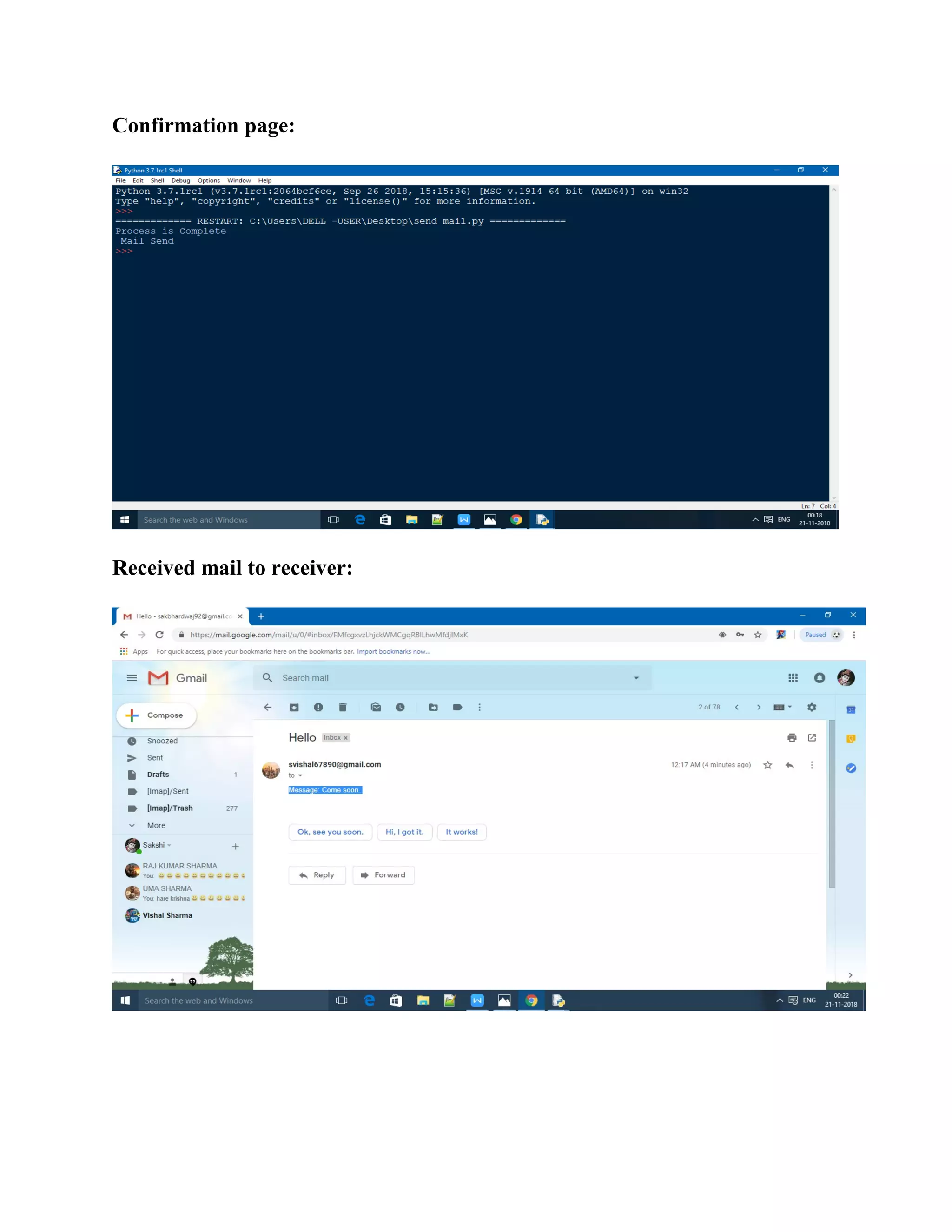 Confirmation page:
Received mail to receiver:
 