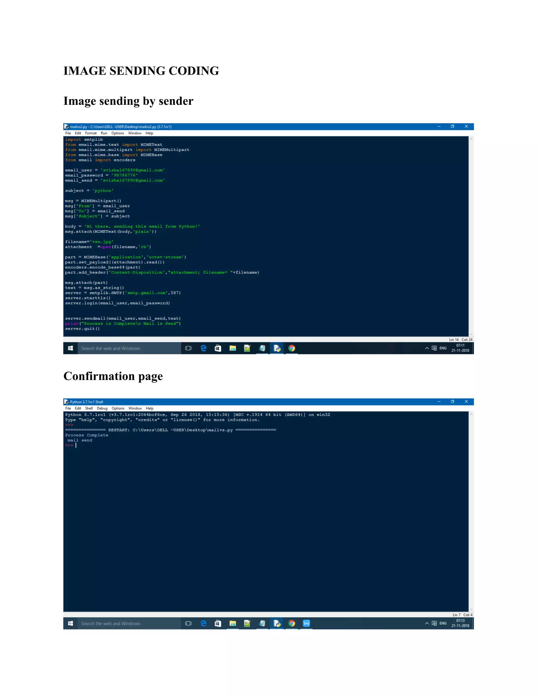 IMAGE SENDING CODING
Image sending by sender
Confirmation page
 