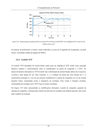 3. Enquadramento ao Protocolo
Figura 3.46 – Representação do padrão gráfico do normal TCP (TCP Reno), MulTCP(N=10) e HighSpeed TCP, numa LFN de
10Gbit/s (Fonte: [9]).
O aumento de perfomance é imenso, sendo traduzidos os cerca de 8 segundos de recuperação, em pelo
menos, velocidades médias de ligação de 9Gbit/s.
3.6.3. Scalable TCP
O Scalable TCP [Scalable] foi desenvolvido ainda antes do HighSpeed TCP, tendo como principal
objectivo quebrar o relacionamento entre as modificações na janela de congestão e o RTT. Os
desenvolvimentos efectuados no TCP Scalable são a substituição da normal função aditiva do Congestion
Avoidance, pela adição de um valor constante a , e a redução da janela por uma fracção de b. A
característica principal é o uso de um aumento multiplicativo à janela de congestão em vez do normal
aumento linear, aumentando assim a frequência de oscilação. Esta versão é bastante oscilante,
contrastando por exemplo com o TCP Vegas (o menos oscilante).
Na Figura 3.47 estão representadas as modificações efectuadas à janela de congestão, aquando da
situação de congestão; a fórmula para cálculo do intervalo de oscilação está também presente, bem como
todo o padrão de oscilação.
87
 