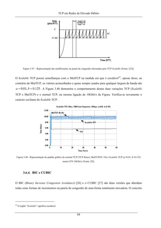 TCP em Redes de Elevado Débito
Figura 3.47 – Representação das modificações na janela de congestão efectuadas pelo TCP Scalable (Fonte: [25]).
O Scalable TCP possui semelhanças com o MulTCP na medida em que é escalável43
, apesar disso, ao
contrário do MulTCP, os valores aconselhados e quase sempre usados para qualquer largura de banda são
. A125.0,01.0 == ba Figura 3.48 demonstra o comportamento destas duas variações TCP (Scalable
TCP e MulTCP) e o normal TCP, na mesma ligação de 10Gbit/s da Figura. Verifica-se novamente o
carácter oscilante do Scalable TCP.
Figura 3.48 - Representação do padrão gráfico do normal TCP (TCP Reno), MulTCP(N=10) e Scalable TCP (a=0.01, b=0.125)
numa LFN 10Gbit/s (Fonte: [9]).
3.6.4. BIC e CUBIC
O BIC (Binary Increase Congestion Avoidance) [26] e o CUBIC [27] são duas versões que abordam
todas estas formas de incrementos na janela de congestão de uma forma totalmente inovadora. O conceito
43
O inglês “Scalable” significa escalável.
88
 