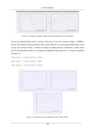 4. Testes Práticos
Figura 4.8 – Simulação com buffer de 16MB e buffer de 67MB, ambos com atraso de 50ms.
Através da realização destes testes, verifica-se mais uma vez que não é possível chegar a 100Mbit/s,
mesmo com metade do atraso pretendido. Para se poder efectuar o teste foi experimentado qual o atraso
em que seria possível atingir o máximo da largura de banda possível, considerando o maior atraso
possível. De seguida encontram-se as respectivas configurações para cada teste e os respectivos gráficos
na Figura 4.9.
ipfw pipe 1 config delay 350ms
ipfw pipe 1 config delay 300ms
ipfw pipe 1 config delay 250ms
Figura 4.9 – Simulação com atraso configurado a 350ms, 300ms e 250ms.
105
 
