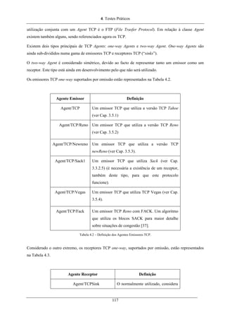 4. Testes Práticos
utilização conjunta com um Agent TCP é o FTP (File Trasfer Protocol). Em relação à classe Agent
existem também alguns, sendo referenciados agora os TCP.
Existem dois tipos principais de TCP Agents: one-way Agents e two-way Agent. One-way Agents são
ainda sub-divididos numa gama de emissores TCP e receptores TCP (“sinks”).
O two-way Agent é considerado simétrico, devido ao facto de representar tanto um emissor como um
receptor. Este tipo está ainda em desenvolvimento pelo que não será utilizado.
Os emissores TCP one-way suportados por omissão estão representados na Tabela 4.2.
Agente Emissor Definição
Agent/TCP Um emissor TCP que utiliza a versão TCP Tahoe
(ver Cap. 3.5.1)
Agent/TCP/Reno Um emissor TCP que utiliza a versão TCP Reno
(ver Cap. 3.5.2)
Agent/TCP/Newreno Um emissor TCP que utiliza a versão TCP
newReno (ver Cap. 3.5.3).
Agent/TCP/Sack1 Um emissor TCP que utiliza Sack (ver Cap.
3.3.2.5) (é necessária a existência de um receptor,
também deste tipo, para que este protocolo
funcione).
Agent/TCP/Vegas Um emissor TCP que utiliza TCP Vegas (ver Cap.
3.5.4).
Agent/TCP/Fack Um emissor TCP Reno com FACK. Um algoritmo
que utiliza os blocos SACK para maior detalhe
sobre situações de congestão [37].
Tabela 4.2 – Definição dos Agentes Emissores TCP.
Considerado o outro extremo, os receptores TCP one-way, suportados por omissão, estão representados
na Tabela 4.3.
Agente Receptor Definição
Agent/TCPSink O normalmente utilizado, considera
117
 