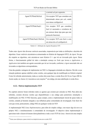 TCP em Redes de Elevado Débito
o normal ack por segmento.
Agent/TCPSink/DelAck Um receptor TCP que considera um
determinado atraso por ack, sendo
esse atraso configurável.
Agent/TCPSink/Sack1 Um receptor TCP que considera
Sack (é necessária a existência de
um emissor deste tipo para que este
protocolo funcione).
Agent/TCPSink/Sack1/DelAck Um receptor TCP com Sack e com
um atraso de ack configurável.
Tabela 4.3 – Definição dos Agentes Receptores TCP.
Todos estes Agents têm diversas variáveis associadas, responsáveis por todas as definições e decisões do
algoritmo. Essas variáveis encontram-se armazenadas no ficheiro de linguagem OTCL do Agent. No que
diz respeito ao algoritmo, este encontra-se num ficheiro C++ que irá ser invocado pelo Agent. Desta
forma, o funcionamento global de toda a simulação começa no Node que invoca a Application; a
Application tem também um agente associado que irá ser invocado; conforme o Agent associado irão ser
invocados os algoritmos correspondentes.
Uma das grandes vantagens de implementar em NS2 é a linguagem orientada aos objectos. Devido a essa
situação podemos apenas redefinir certas versões, sem qualquer tipo de modificação no ficheiro original.
Como foi referido anteriormente, todas as versões têm como base a versão Reno (LCA) ou Vegas (DCA).
Assim sendo, no Anexo A.2 encontra-se um template50
em código, de uma redefinição à versão Reno.
4.2.2. Outras implementações TCP
No capítulo anterior foram referidos todos os agentes que existem por omissão no NS2. Para além dos
referidos, existem diversas versões que disponibilizam o seu código para posteriores simulações e
modificações em NS2. O NS2 funciona, quase sempre, como a implementação inicial de quase todas as
versões, estando já bastante alargada a sua influência pelas comunidades de investigação. Este facto faz
com que exista, praticamente, código NS2 em qualquer versão do TCP.
A implementação NS2 Linux Implementation, para além de simples código, vem trazer algo de novo ao
próprio NS2 e simultaneamente à comunidade de investigação. O objectivo desta implementação é
aproximar todo o desenvolvimento desta plataforma a toda a stack TCP do Linux. Através de uma simples
50
Neste caso referencia o passo inicial, na criação de uma nova versão TCP.
118
 