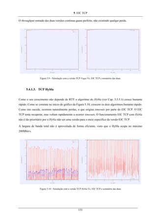 5. EIC TCP
O throughput somado das duas versões continua quase perfeito, não existindo qualqur perda.
Figura 5.9 – Simulação com a versão TCP Vegas Vs. EIC TCP e somatório das duas.
5.4.1.3. TCP Hybla
Como o seu crescimento não depende do RTT o algoritmo do Hybla (ver Cap. 3.5.5.1) cresce bastante
rápido. Como se constata no início do gráfico da Figura 5.10, crescem os dois algoritmos bastante rápido.
Como isto sucede, ocorrem naturalmente perdas, o que origina timeouts por parte do EIC TCP. O EIC
TCP tenta recuperar, mas voltam rapidamente a ocorrer timeouts. O funcionamento EIC TCP com Hybla
não é tão prioritário por o Hybla não ser uma versão para o meio específico da versão EIC TCP.
A largura de banda total não é aproveitada de forma eficiente, visto que o Hybla ocupa no máximo
200Mbit/s.
Figura 5.10 - Simulação com a versão TCP Hybla Vs. EIC TCP e somatório das duas
131
 