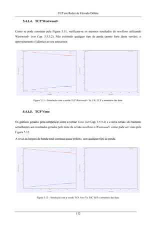 TCP em Redes de Elevado Débito
5.4.1.4. TCP Westwood+
Como se pode constatar pela Figura 5.11, verificam-se os mesmos resultados do newReno utilizando
Westwood+ (ver Cap. 3.5.5.2). Não existindo qualquer tipo de perda (ponto forte desta versão), o
aproveitamento é idêntico ao seu antecessor.
Figura 5.11 – Simulação com a versão TCP Westwood+ Vs. EIC TCP e somatório das duas.
5.4.1.5. TCP Veno
Os gráficos gerados pela competição entre a versão Veno (ver Cap. 3.5.5.2) e a nova versão são bastante
semelhantes aos resultados gerados pelo teste da versão newReno e Westwood+ como pode ser visto pela
Figura 5.12.
A nível da largura de banda total continua quase pefeito, sem qualquer tipo de perda.
Figura 5.12 – Simulação com a versão TCP Veno Vs. EIC TCP e somatório das duas.
132
 