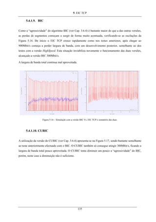 5. EIC TCP
5.4.1.9. BIC
Como a “agressividade” do algoritmo BIC (ver Cap. 3.6.4) é bastante maior do que a das outras versões,
as perdas de segmentos começam a surgir de forma muito acentuada, verificando-se as oscilações da
Figura 5.16. De início o EIC TCP cresce rapidamente como nos testes anteriores; após chegar ao
900Mbit/s começa a perder largura de banda, com um desenvolvimento posterior, semelhante ao dos
testes com a versão HighSpeed. Esta situação inviabiliza novamente o funcionamento das duas versões,
alcançado a versão BIC 300Mbit/s.
A largura de banda total continua mal aproveitada.
Figura 5.16 – Simulação com a versão BIC Vs. EIC TCP e somatório das duas.
5.4.1.10. CUBIC
A utilização da versão do CUBIC (ver Cap. 3.6.4) apresenta-se na Figura 5.17, sendo bastante semelhante
ao teste anteriormente efectuado com o BIC. O CUBIC também só consegue atingir 300Mbit/s, ficando a
largura de banda total pouco aproveitada. O CUBIC tenta diminuir um pouco a “agressividade” do BIC,
porém, neste caso a diminuição não é suficiente.
135
 