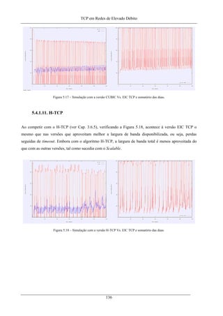 TCP em Redes de Elevado Débito
Figura 5.17 – Simulação com a versão CUBIC Vs. EIC TCP e somatório das duas.
5.4.1.11. H-TCP
Ao competir com o H-TCP (ver Cap. 3.6.5), verificando a Figura 5.18, acontece à versão EIC TCP o
mesmo que nas versões que aproveitam melhor a largura de banda disponibilizada, ou seja, perdas
seguidas de timeout. Embora com o algoritmo H-TCP, a largura de banda total é menos aproveitada do
que com as outras versões, tal como sucedia com o Scalable.
Figura 5.18 – Simulação com a versão H-TCP Vs. EIC TCP e somatório das duas.
136
 