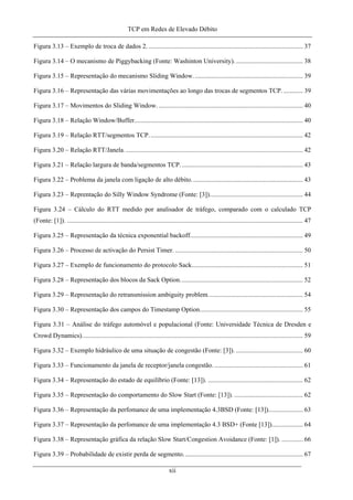 TCP em Redes de Elevado Débito
Figura 3.13 – Exemplo de troca de dados 2. .............................................................................................. 37
Figura 3.14 – O mecanismo de Piggybacking (Fonte: Washinton University).......................................... 38
Figura 3.15 – Representação do mecanismo Sliding Window................................................................... 39
Figura 3.16 – Representação das várias movimentações ao longo das trocas de segmentos TCP............. 39
Figura 3.17 – Movimentos do Sliding Window. ........................................................................................ 40
Figura 3.18 – Relação Window/Buffer....................................................................................................... 40
Figura 3.19 – Relação RTT/segmentos TCP.............................................................................................. 42
Figura 3.20 – Relação RTT/Janela. ............................................................................................................ 42
Figura 3.21 – Relação largura de banda/segmentos TCP........................................................................... 43
Figura 3.22 – Problema da janela com ligação de alto débito.................................................................... 43
Figura 3.23 – Reprentação do Silly Window Syndrome (Fonte: [3])......................................................... 44
Figura 3.24 – Cálculo do RTT medido por analisador de tráfego, comparado com o calculado TCP
(Fonte: [1]). ................................................................................................................................................ 47
Figura 3.25 – Representação da técnica exponential backoff..................................................................... 49
Figura 3.26 – Processo de activação do Persist Timer. .............................................................................. 50
Figura 3.27 – Exemplo de funcionamento do protocolo Sack.................................................................... 51
Figura 3.28 – Representação dos blocos da Sack Option........................................................................... 52
Figura 3.29 – Representação do retransmission ambiguity problem.......................................................... 54
Figura 3.30 – Representação dos campos do Timestamp Option............................................................... 55
Figura 3.31 – Análise do tráfego automóvel e populacional (Fonte: Universidade Técnica de Dresden e
Crowd Dynamics)....................................................................................................................................... 59
Figura 3.32 – Exemplo hidráulico de uma situação de congestão (Fonte: [3]). ......................................... 60
Figura 3.33 – Funcionamento da janela de receptor/janela congestão. ...................................................... 61
Figura 3.34 – Representação do estado de equilíbrio (Fonte: [13]). .......................................................... 62
Figura 3.35 – Representação do comportamento do Slow Start (Fonte: [13]). .......................................... 62
Figura 3.36 – Representação da perfomance de uma implementação 4.3BSD (Fonte: [13])..................... 63
Figura 3.37 – Representação da perfomance de uma implementação 4.3 BSD+ (Fonte [13])................... 64
Figura 3.38 – Representação gráfica da relação Slow Start/Congestion Avoidance (Fonte: [1]). ............. 66
Figura 3.39 – Probabilidade de existir perda de segmento......................................................................... 67
xii
 