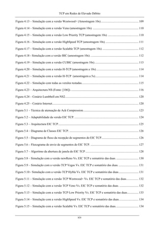TCP em Redes de Elevado Débito
Figura 4.13 – Simulação com a versão Westwood+ (Amostragem 10s).................................................. 109
Figura 4.14 – Simulação com a versão Veno (amostragem 10s). ............................................................ 110
Figura 4.15 – Simulação com a versão Low Priority TCP (amostragem 10s). ........................................ 110
Figura 4.16 – Simulação com a versão HighSpeed TCP (amostragem 10s). ........................................... 111
Figura 4.17 – Simulação com a versão Scalable TCP (amostragem 10s). ............................................... 112
Figura 4.18 - Simulação com a versão BIC (amostragem 10s). ............................................................... 112
Figura 4.19 – Simulação com a versão CUBIC (amostragem 10s).......................................................... 113
Figura 4.20 – Simulação com a versão H-TCP (amostragem a 10s)........................................................ 114
Figura 4.21 – Simulação com a versão H-TCP (amostragem a 5s)......................................................... 114
Figura 4.22 – Simulação com todas as versões testadas........................................................................... 115
Figura 4.23 – Arquitectura NS (Fonte: [106]).......................................................................................... 116
Figura 4.24 – Cenário Lumbbell em NS2................................................................................................. 120
Figura 4.25 – Cenário Internet.................................................................................................................. 120
Figura 5.1 – Técnica de atenuação de Ack Compression......................................................................... 123
Figura 5.2 – Adaptabilidade da versão EIC TCP. .................................................................................... 124
Figura 5.3 – Arquitectura EIC TCP.......................................................................................................... 125
Figura 5.4 – Diagrama de Classes EIC TCP. ........................................................................................... 126
Figura 5.5 – Diagrama de fluxo da recepção de segmentos do EIC TCP................................................. 126
Figura 5.6 – Fluxograma de envio de segmentos do EIC TCP. ............................................................... 127
Figura 5.7 – Algoritmo da abertura de janela do EIC TCP ...................................................................... 128
Figura 5.8 – Simulação com a versão newReno Vs. EIC TCP e somatório das duas. ............................. 130
Figura 5.9 – Simulação com a versão TCP Vegas Vs. EIC TCP e somatório das duas........................... 131
Figura 5.10 - Simulação com a versão TCP Hybla Vs. EIC TCP e somatório das duas.......................... 131
Figura 5.11 – Simulação com a versão TCP Westwood+ Vs. EIC TCP e somatório das duas................ 132
Figura 5.12 – Simulação com a versão TCP Veno Vs. EIC TCP e somatório das duas. ......................... 132
Figura 5.13 – Simulação com a versão TCP Low Priority Vs. EIC TCP e somatório das duas............... 133
Figura 5.14 – Simulação com a versão HighSpeed Vs. EIC TCP e somatório das duas.......................... 134
Figura 5.15 – Simulação com a versão Scalable Vs. EIC TCP e somatório das duas.............................. 134
xiv
 