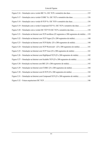 Lista de Figuras
Figura 5.16 – Simulação com a versão BIC Vs. EIC TCP e somatório das duas......................................135
Figura 5.17 – Simulação com a versão CUBIC Vs. EIC TCP e somatório das duas................................136
Figura 5.18 – Simulação com a versão H-TCP Vs. EIC TCP e somatório das duas.................................136
Figura 5.19 - Simulação com a versão Compound TCP Vs. EIC TCP e somatório das duas...................137
Figura 5.20 – Simulação com a versão EIC TCP VS EIC TCP e somatório das duas..............................138
Figura 5.21 – Simulação na Internet com TCP newReno (25 segmentos e 200 segmentos de média).....139
Figura 5.22 – Simulação na Internet com TCP Vegas (25 e 200 segmentos de média)............................140
Figura 5.23 – Simulação na Internet com TCP Hybla (25 e 200 segmentos de média)...........................140
Figura 5.24 – Simulação na Internet com TCP Westwood+ (25 e 200 segmentos de média). ................141
Figura 5.25 – Simulação na Internet com TCP Veno (25 e 200 segmentos de média).............................141
Figura 5.26 – Simulação na Internet com HighSpeed TCP (25 e 200 segmentos de média)....................142
Figura 5.27 – Simulação na Internet com Scalable TCP (25 e 200 segmentos de média). .......................142
Figura 5.28 - Simulação na Internet com BIC (25 e 200 segmentos de média)........................................143
Figura 5.29 – Simulação na Internet com CUBIC (25 e 200 segmentos de média)..................................144
Figura 5.30 – Simulação na Internet com H-TCP (25 e 200 segmentos de média). .................................144
Figura 5.31 – Simulação na Internet com Compound TCP (25 e 200 segmentos de média)....................145
Figura 5.32 – Futura arquitectura EIC TCP. .............................................................................................146
xv
 