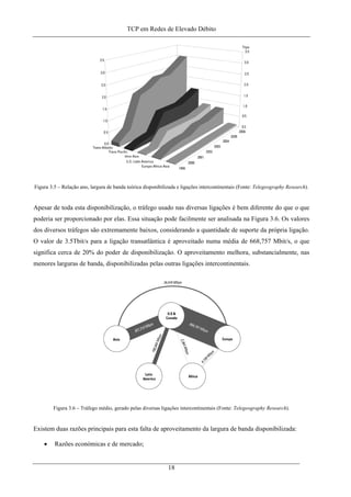TCP em Redes de Elevado Débito
Figura 3.5 – Relação ano, largura de banda teórica disponibilizada e ligações intercontinentais (Fonte: Telegeography Research).
Apesar de toda esta disponibilização, o tráfego usado nas diversas ligações é bem diferente do que o que
poderia ser proporcionado por elas. Essa situação pode facilmente ser analisada na Figura 3.6. Os valores
dos diversos tráfegos são extremamente baixos, considerando a quantidade de suporte da própria ligação.
O valor de 3.5Tbit/s para a ligação transatlântica é aproveitado numa média de 668,757 Mbit/s, o que
significa cerca de 20% do poder de disponibilização. O aproveitamento melhora, substancialmente, nas
menores larguras de banda, disponibilizadas pelas outras ligações intercontinentais.
Figura 3.6 – Tráfego médio, gerado pelas diversas ligações intercontinentais (Fonte: Telegeography Research).
Existem duas razões principais para esta falta de aproveitamento da largura de banda disponibilizada:
• Razões económicas e de mercado;
18
 