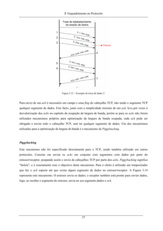 3. Enquadramento ao Protocolo
Figura 3.13 – Exemplo de troca de dados 2.
Para envio de um ack é necessário um campo e uma flag do cabeçalho TCP, não tendo o segmento TCP
qualquer segmento de dados. Este facto, junto com a simplicidade inerente de um ack, leva por vezes à
desvalorização dos acks no capítulo da ocupação da largura de banda, porém se para os acks não forem
utilizados mecanismos próprios para optimização da largura de banda ocupada, cada ack pode ser
obrigado a enviar todo o cabeçalho TCP, sem ter qualquer segmento de dados. Um dos mecanismos
utilizados para a optimização da largura de banda é o mecanismo de Piggybacking.
Piggybacking
Este mecanismo não foi especificado directamente para o TCP, sendo também utilizado em outros
protocolos. Consiste em enviar os acks em conjunto com segmentos com dados por parte do
emissor/receptor, poupando assim o envio de cabeçalhos TCP por parte dos acks. Piggybacking significa
“boleia”, e é exactamente esse o objectivo deste mecanismo. Para o efeito é utilizado um temporizador
que faz o ack esperar até que exista algum segmento de dados no emissor/receptor. A Figura 3.14
representa este mecanismo. O emissor envia os dados; o receptor também está pronto para enviar dados,
logo, ao receber o segmento do emissor, envia no seu segmento dados o ack.
37
 