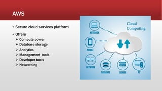 AWS
▪ Secure cloud services platform
▪ Offers
 Compute power
 Database storage
 Analytics
 Management tools
 Developer tools
 Networking
 