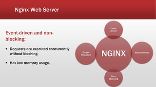 Nginx Web Server
NGINX
Event-
driven
Asynchronous
Non-
blocking
Single-
threaded
Event-driven and non-
blocking:
 Requests are executed concurrently
without blocking.
 Has low memory usage.
 